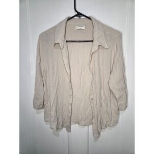 Babaton Aritzia Beige Crinkle Textured Button Up Blouse 3/4 Sleeve Large
